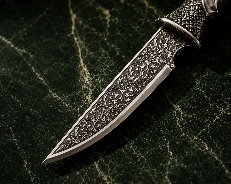 Dense hand-engraved scrollwork on the silver blade of the SENVIRRA Eagle Katar