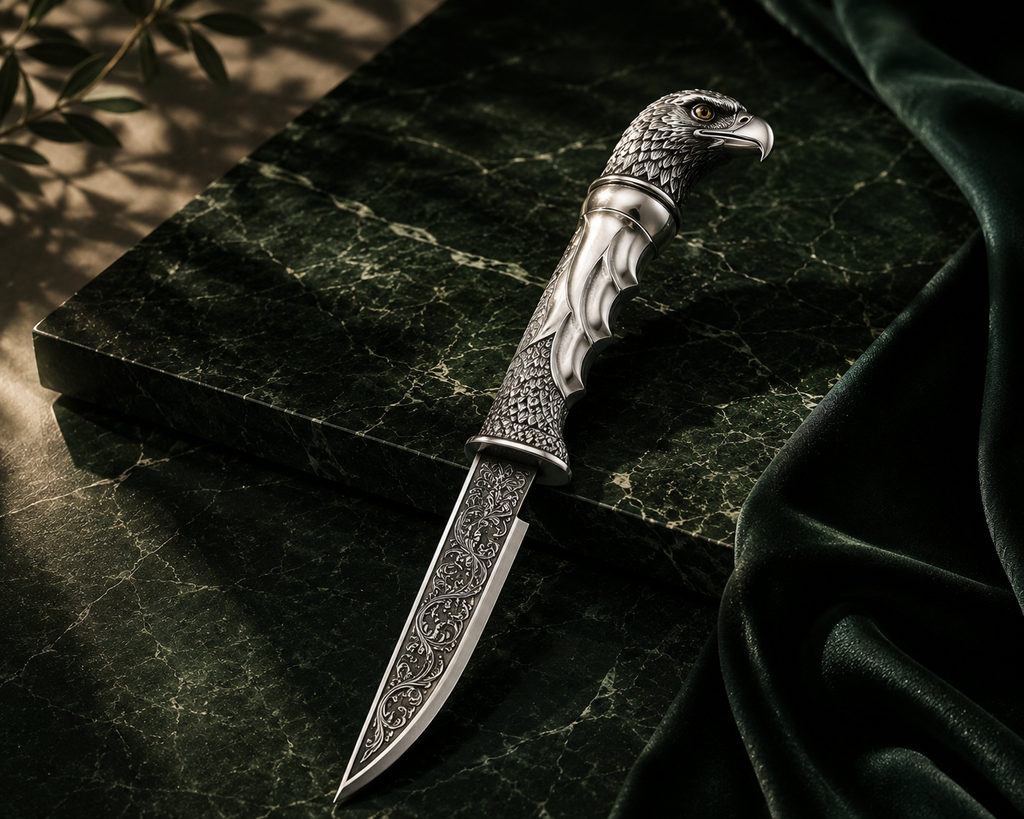 SENVIRRA Eagle Katar with sculpted silver eagle hilt held in hand, engraved blade and wood sheath resting alongside