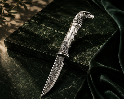 SENVIRRA Eagle Katar with sculpted silver eagle hilt held in hand, engraved blade and wood sheath resting alongside