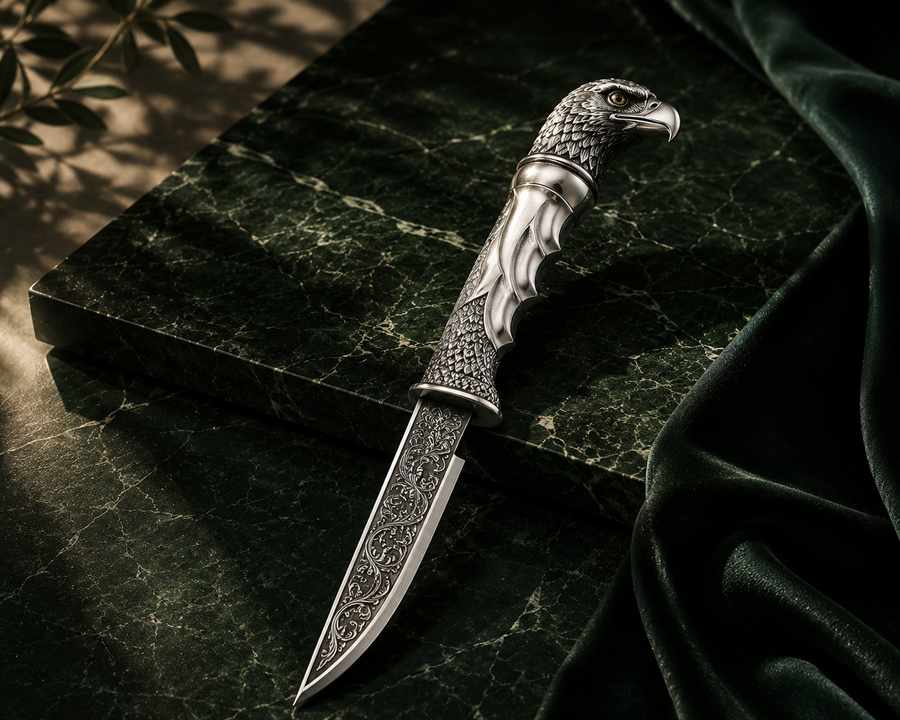 SENVIRRA Eagle Katar with sculpted silver eagle hilt held in hand, engraved blade and wood sheath resting alongside