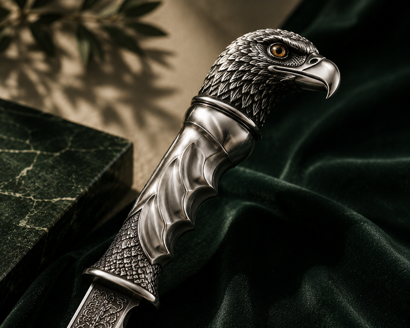 Hand-sculpted silver eagle head hilt of the SENVIRRA Eagle Katar, close macro