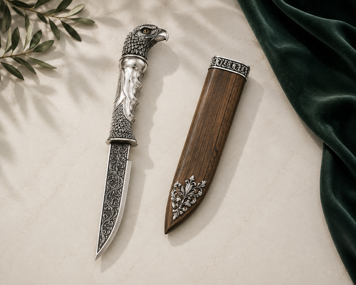 Close-up of the hand-sculpted eagle head hilt of the SENVIRRA Eagle Katar showing layered feather detailing