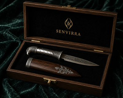 SENVIRRA Eagle Katar and sheath resting in its branded wooden presentation box