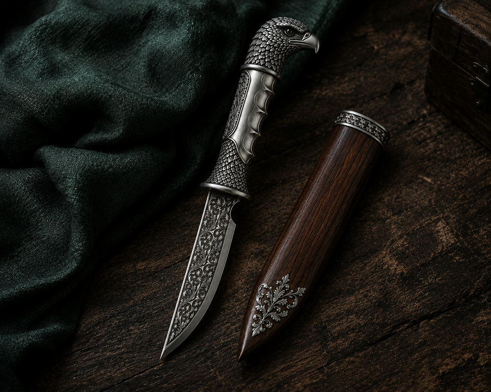 Full view of the SENVIRRA Eagle Katar with its natural wood sheath, hilt to blade tip