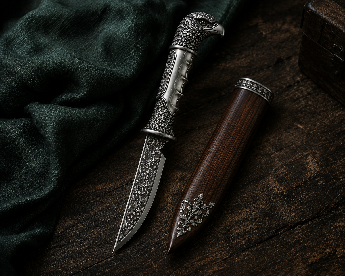 Full view of the SENVIRRA Eagle Katar with its natural wood sheath, hilt to blade tip